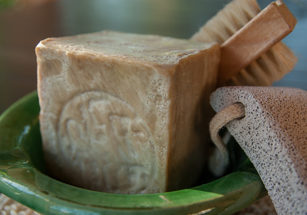 aleppo soap, brush, pumice