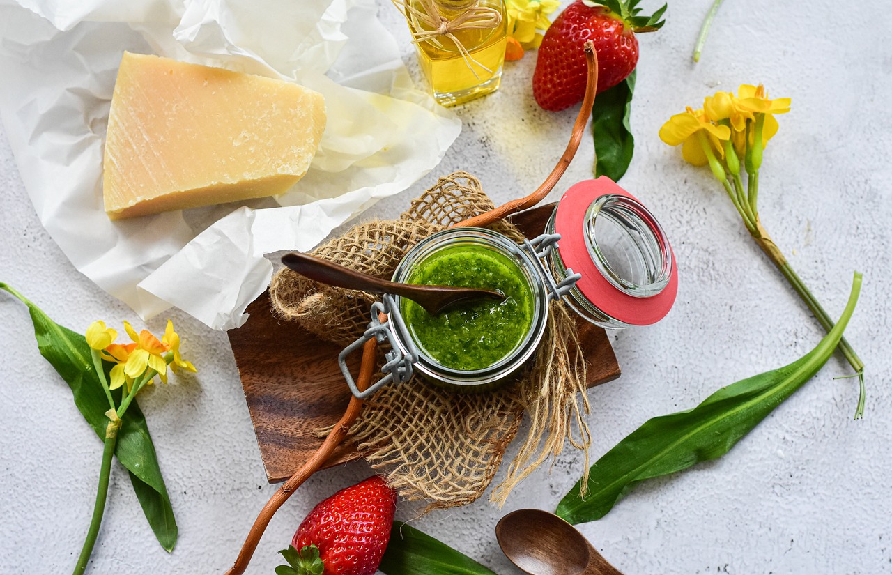 pesto, food, flat lay
